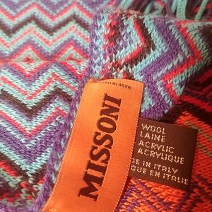 Missoni Chevron Zigzag Multicolor Wool Blend Fringed Knit Scarf Italy orange